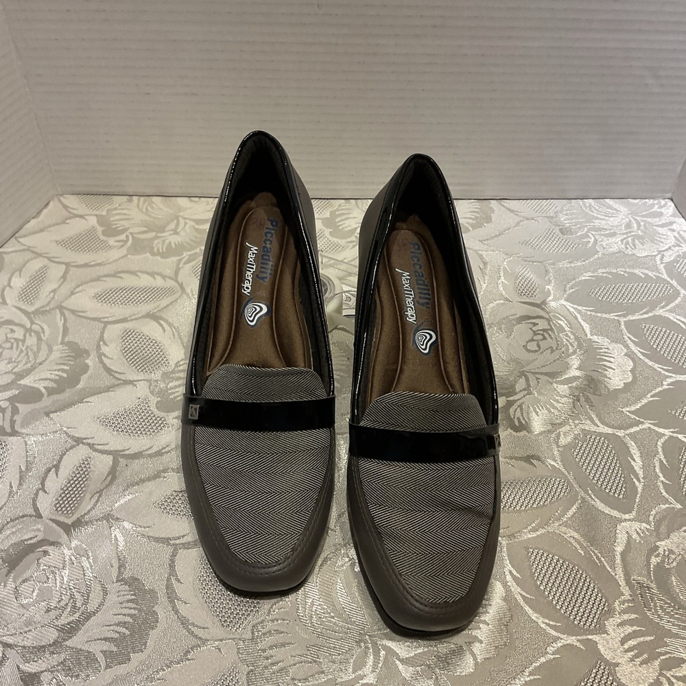 Piccadilly MaxiTherapy Pumps Womens 7 Grey Excellent Herringbone Patent Loafer